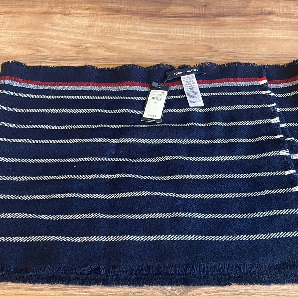 Tommy Hilfiger Skinny Collegiate Striped Fringe Knit Scarf NWT